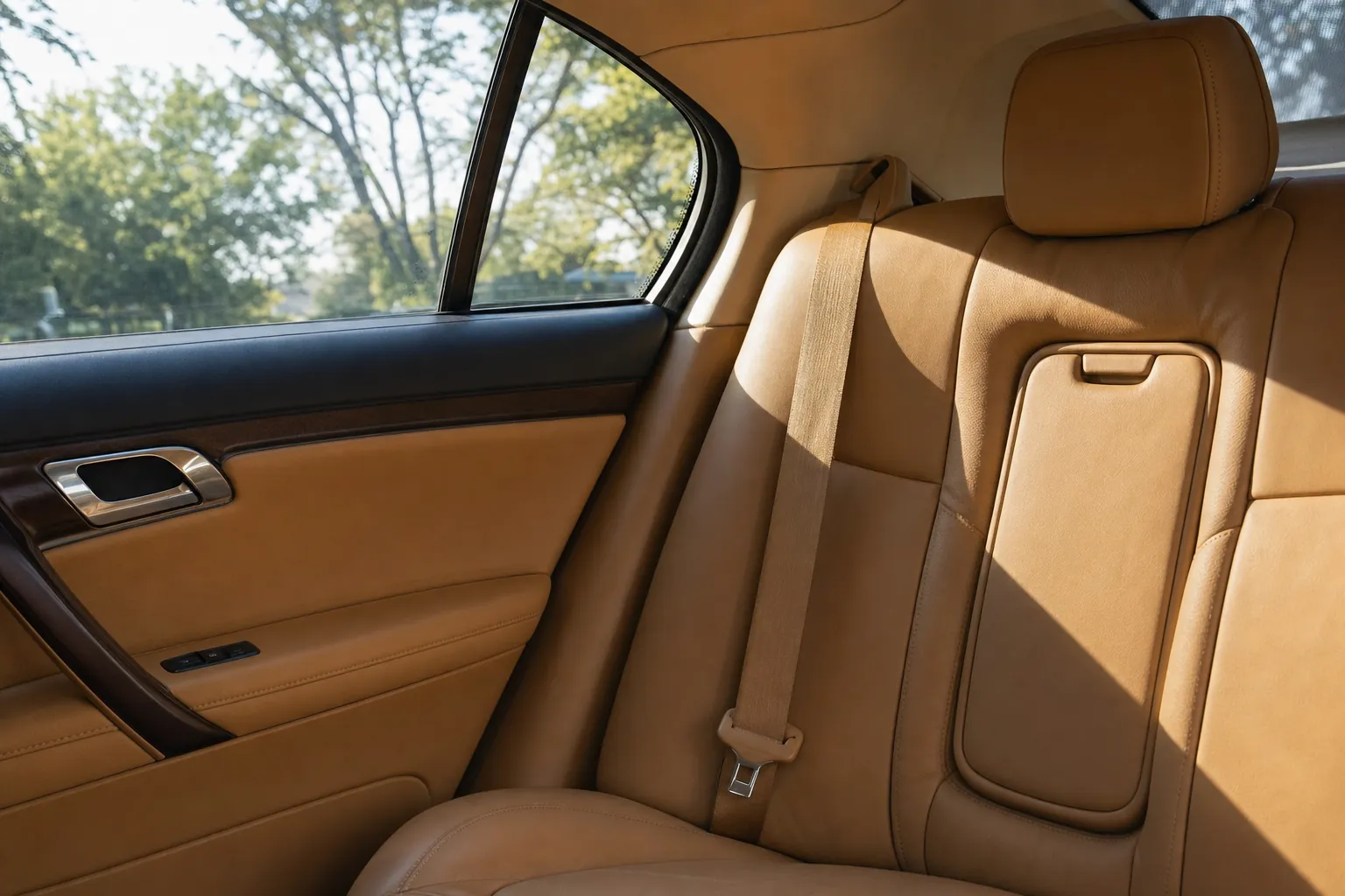 Leather car seats in sunlight through a tinted window