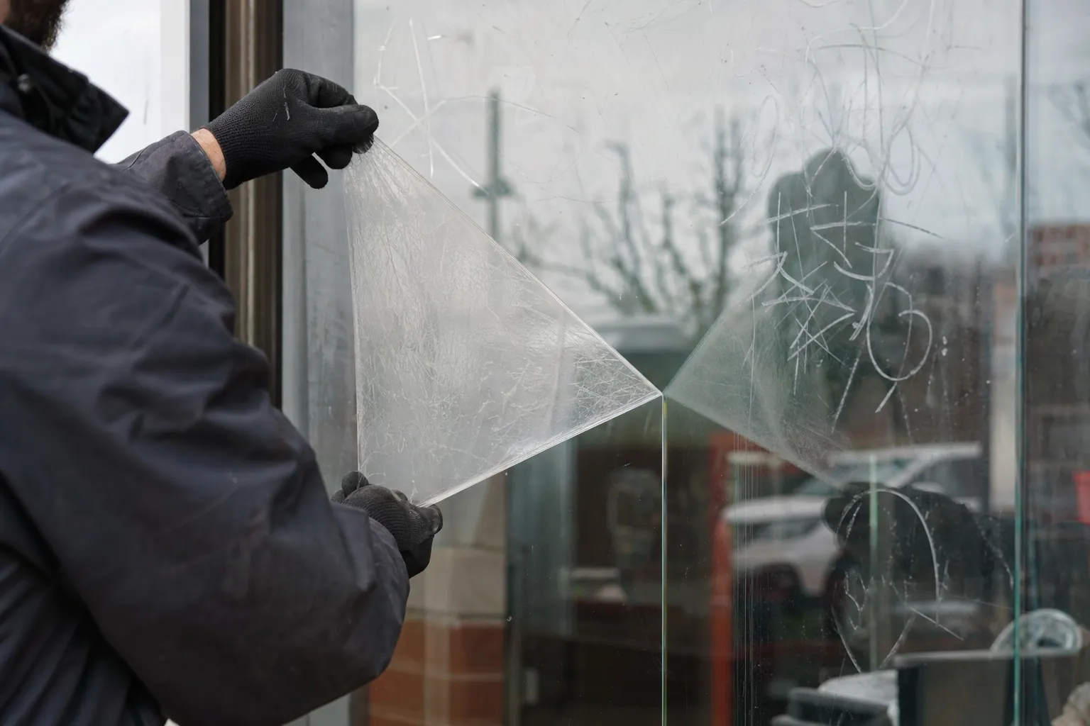 Scratched anti-graffiti film being peeled off clean storefront glass