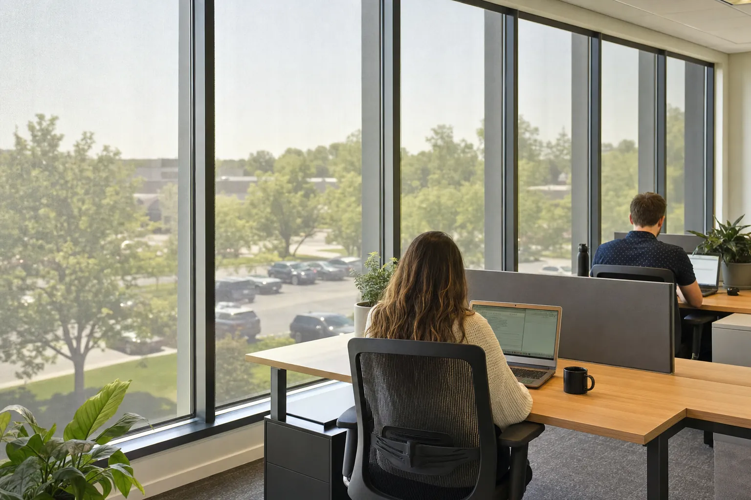 Open-plan office with solar-control window film softening the afternoon sun