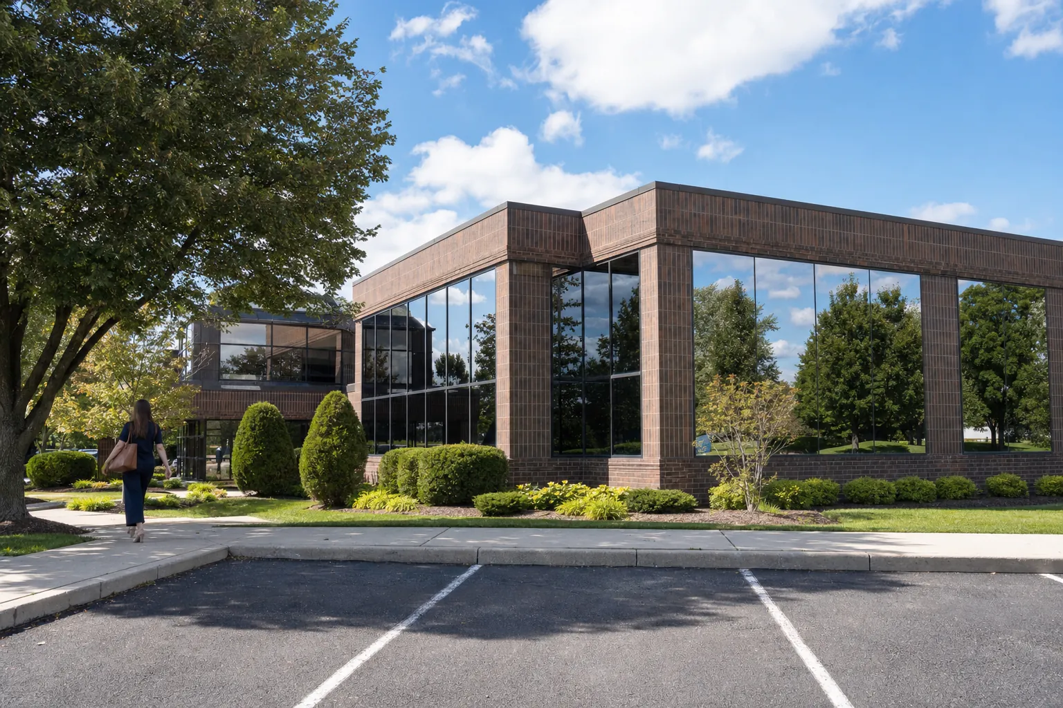Office building whose reflective privacy film mirrors the sky and trees