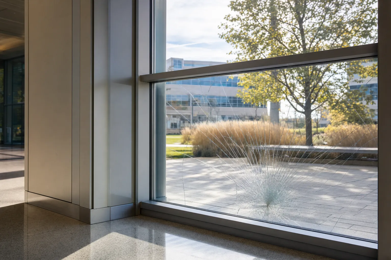 Cracked lobby window held together by clear safety film, with no glass on the floor
