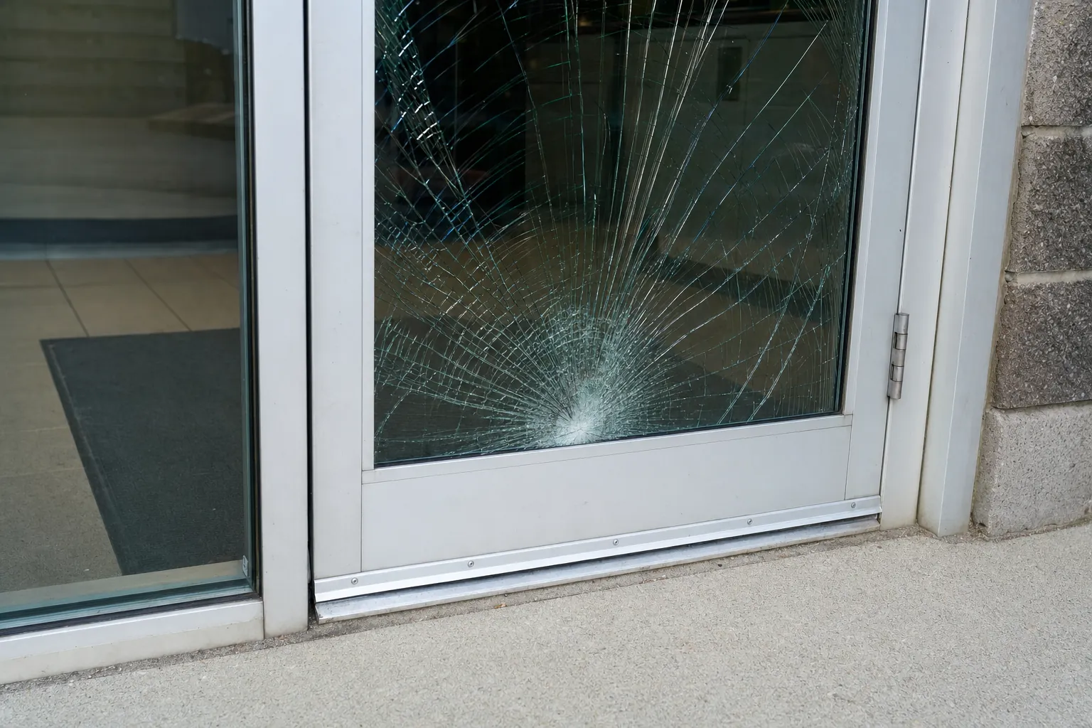 Shop door glass cracked by an impact but held in place by security film