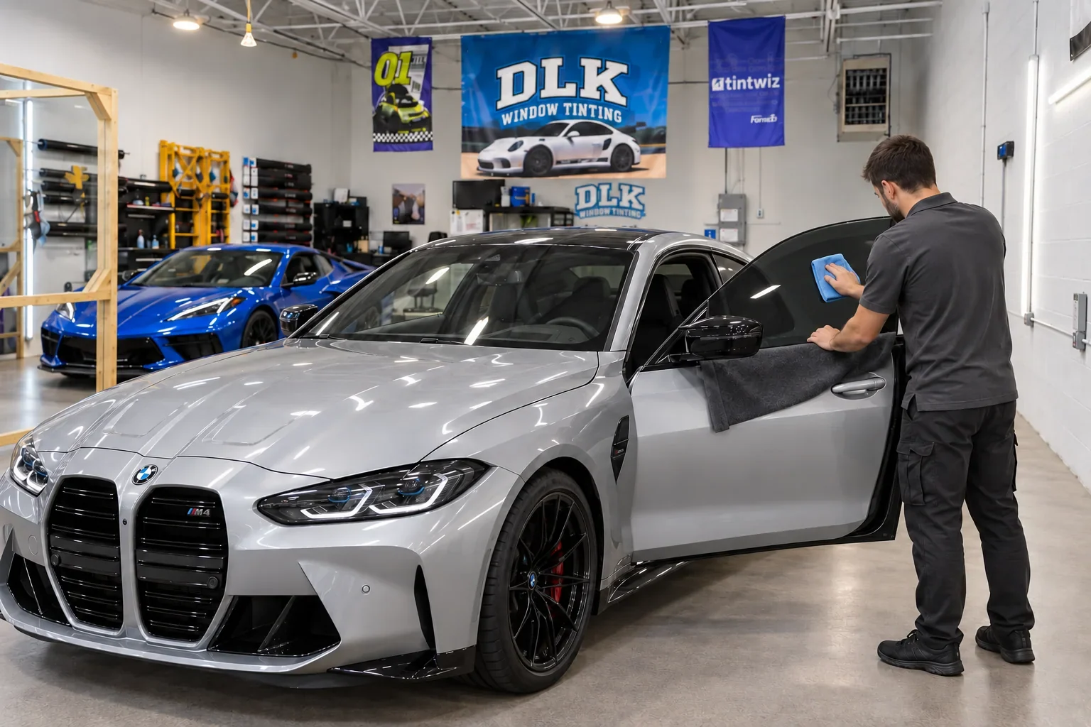 Technician giving a silver BMW M4 a final glass wipe-down in the workshop