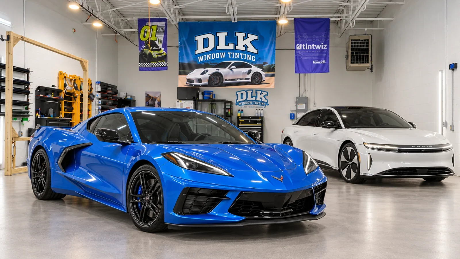 Blue Corvette C8 and white Lucid Air with tinted windows inside the DLK workshop