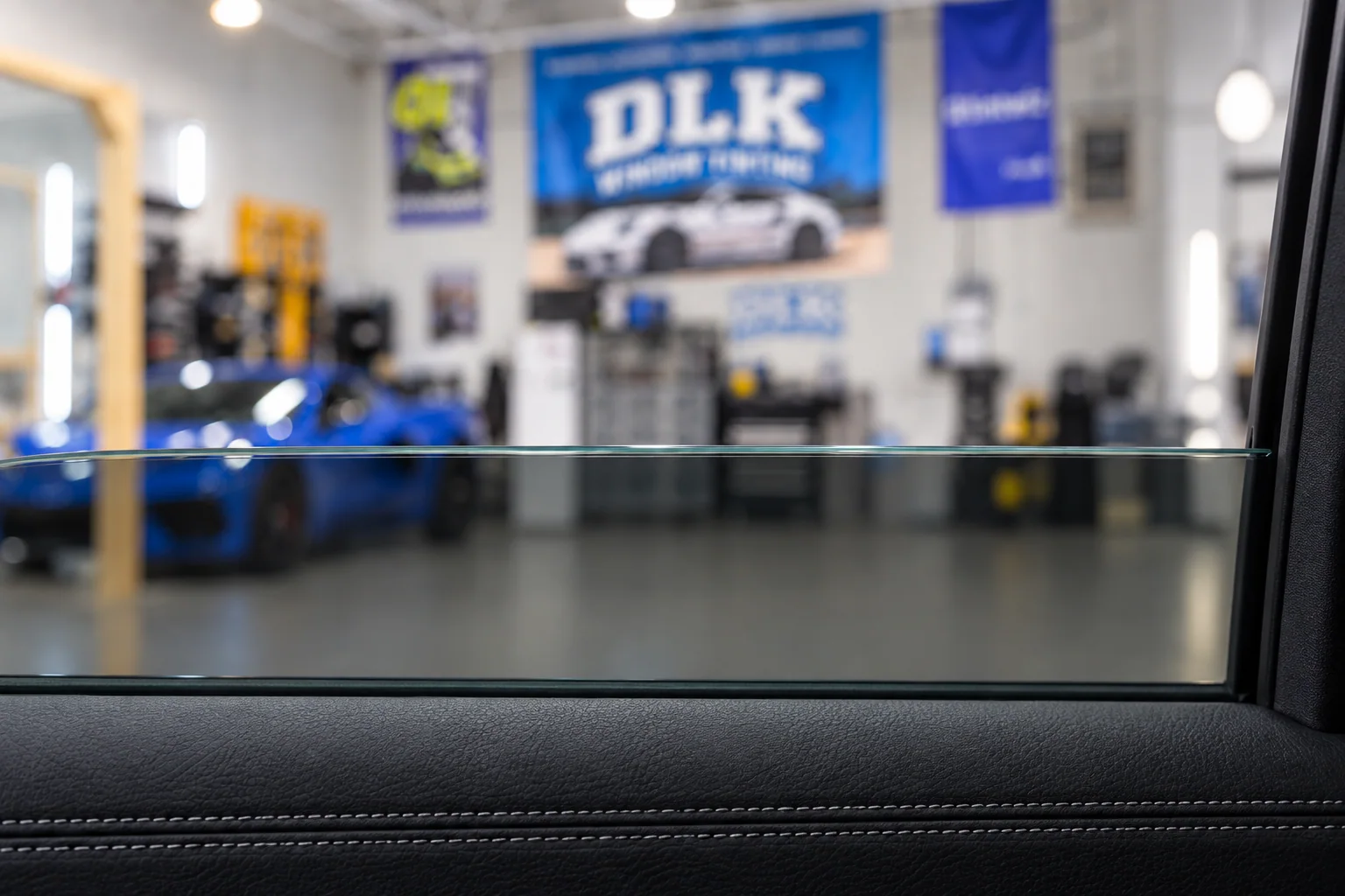 Inside a rear passenger door showing a precise, level tint edge with the DLK banner softly blurred behind