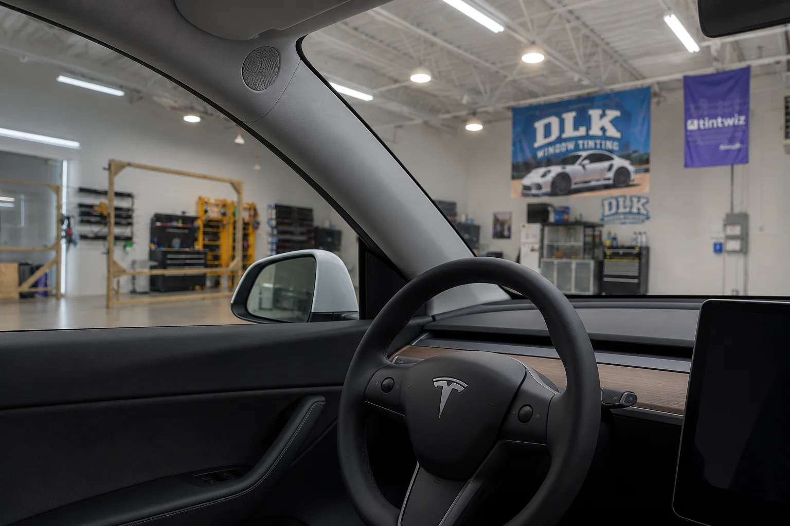 View across a Tesla steering wheel through clear tinted glass towards the DLK workshop banner