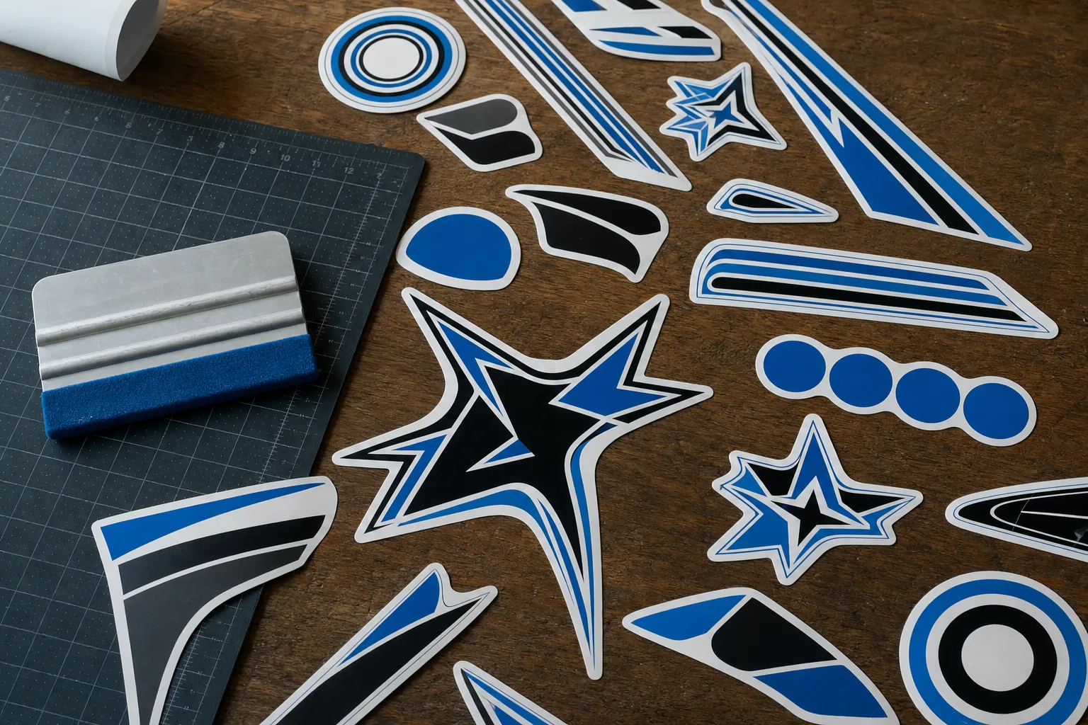 Custom die-cut vinyl decals and stickers on a workbench