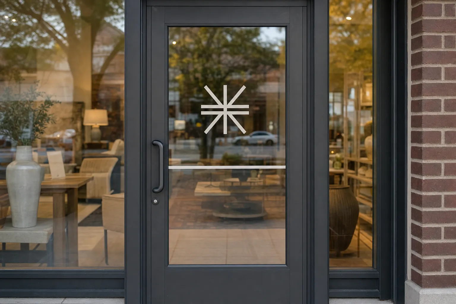 Shop door with a white vinyl emblem and stripe