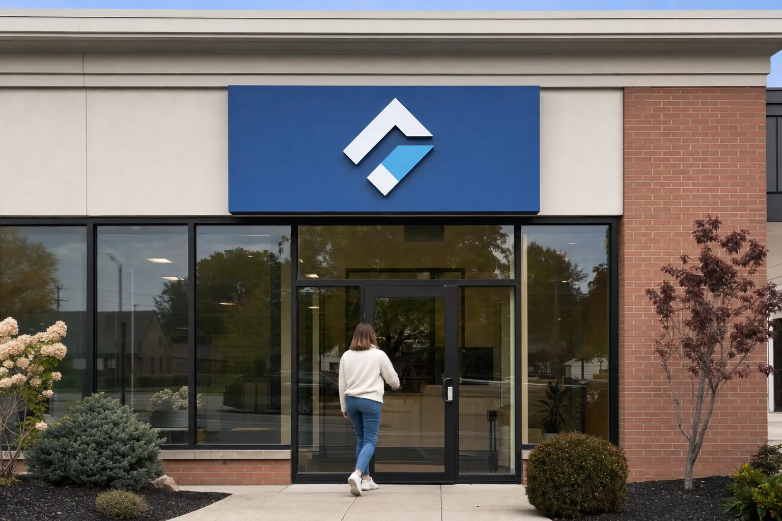 Business entrance with a new blue sign panel above the door