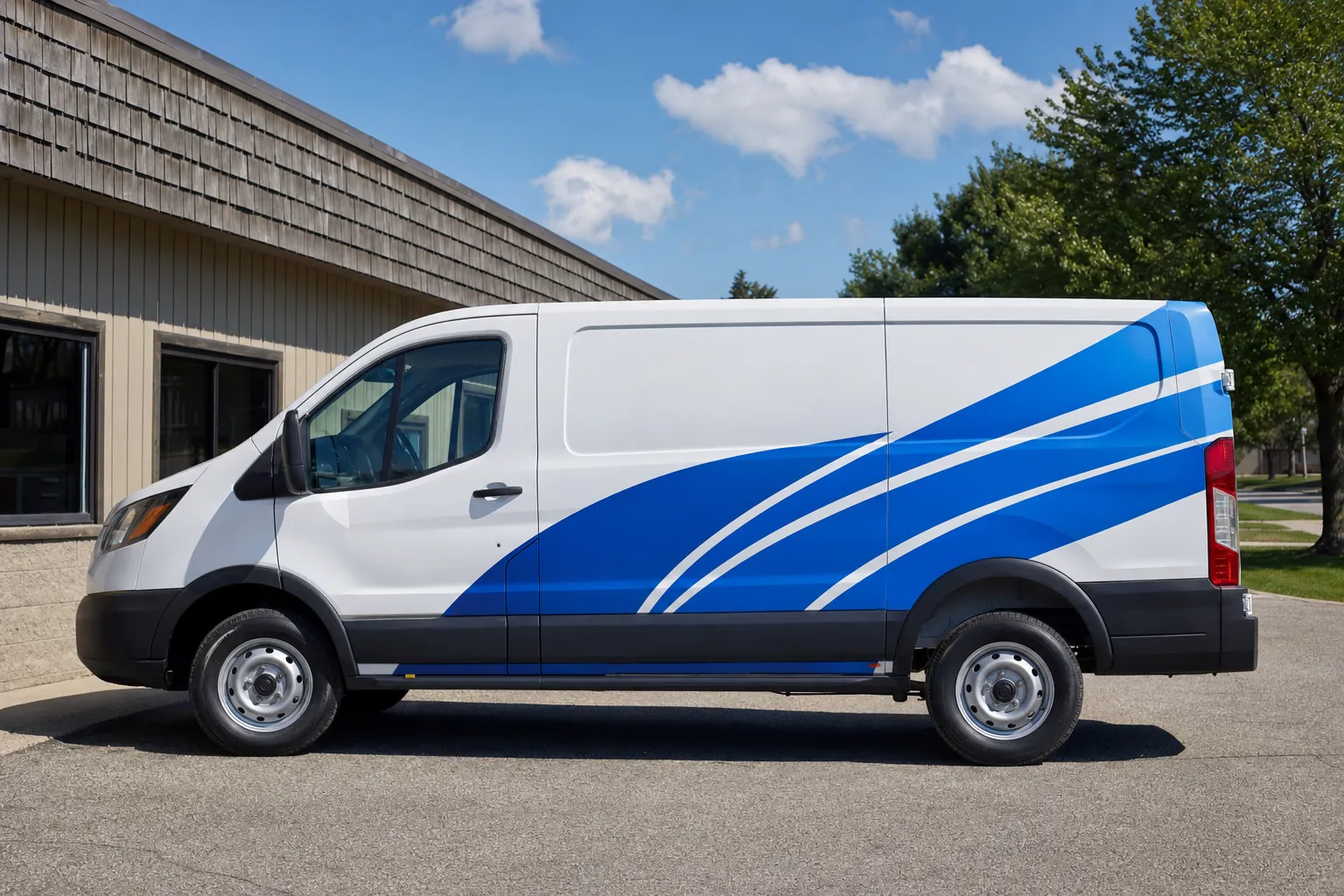 Work van with a blue and white vinyl stripe graphic