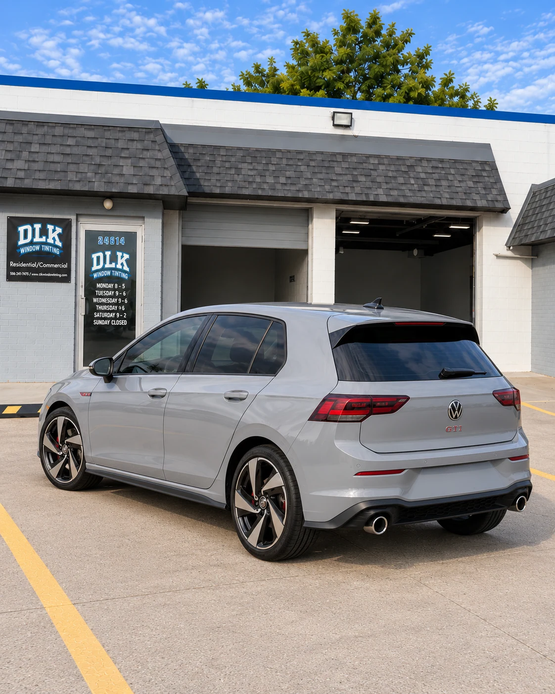 Illustration of a light moonstone grey Volkswagen Golf GTI with tinted windows outside DLK's Mount Clemens shop