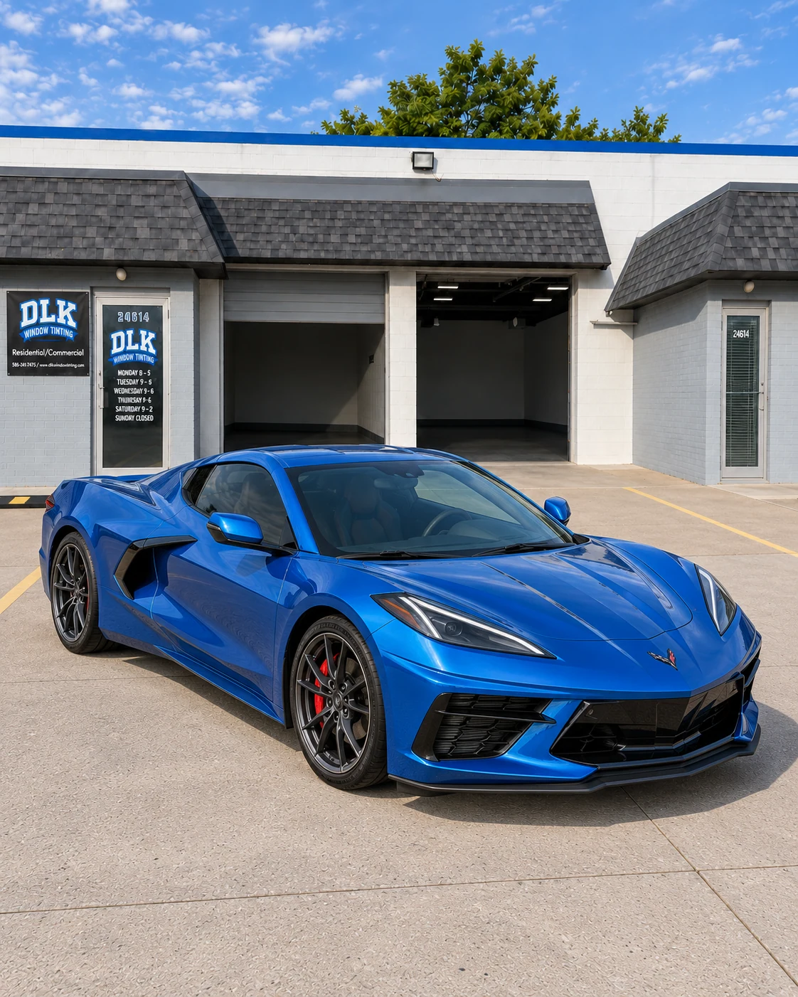 Illustration of a metallic bright blue Chevrolet Corvette C8 Stingray coupe with tinted windows outside DLK's Mount Clemens shop