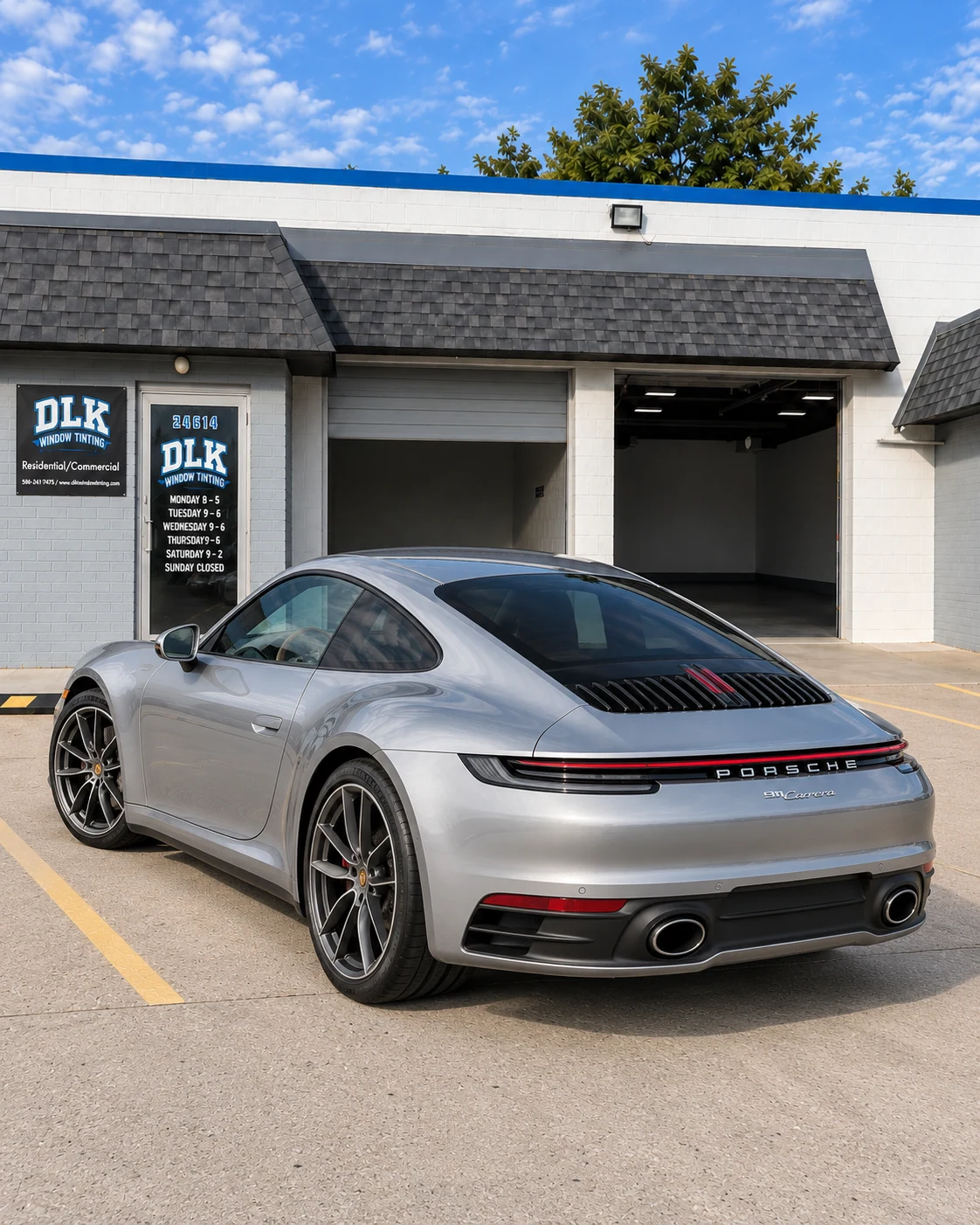 Illustration of a silver metallic Porsche 911 Carrera 992 with tinted windows outside DLK's Mount Clemens shop