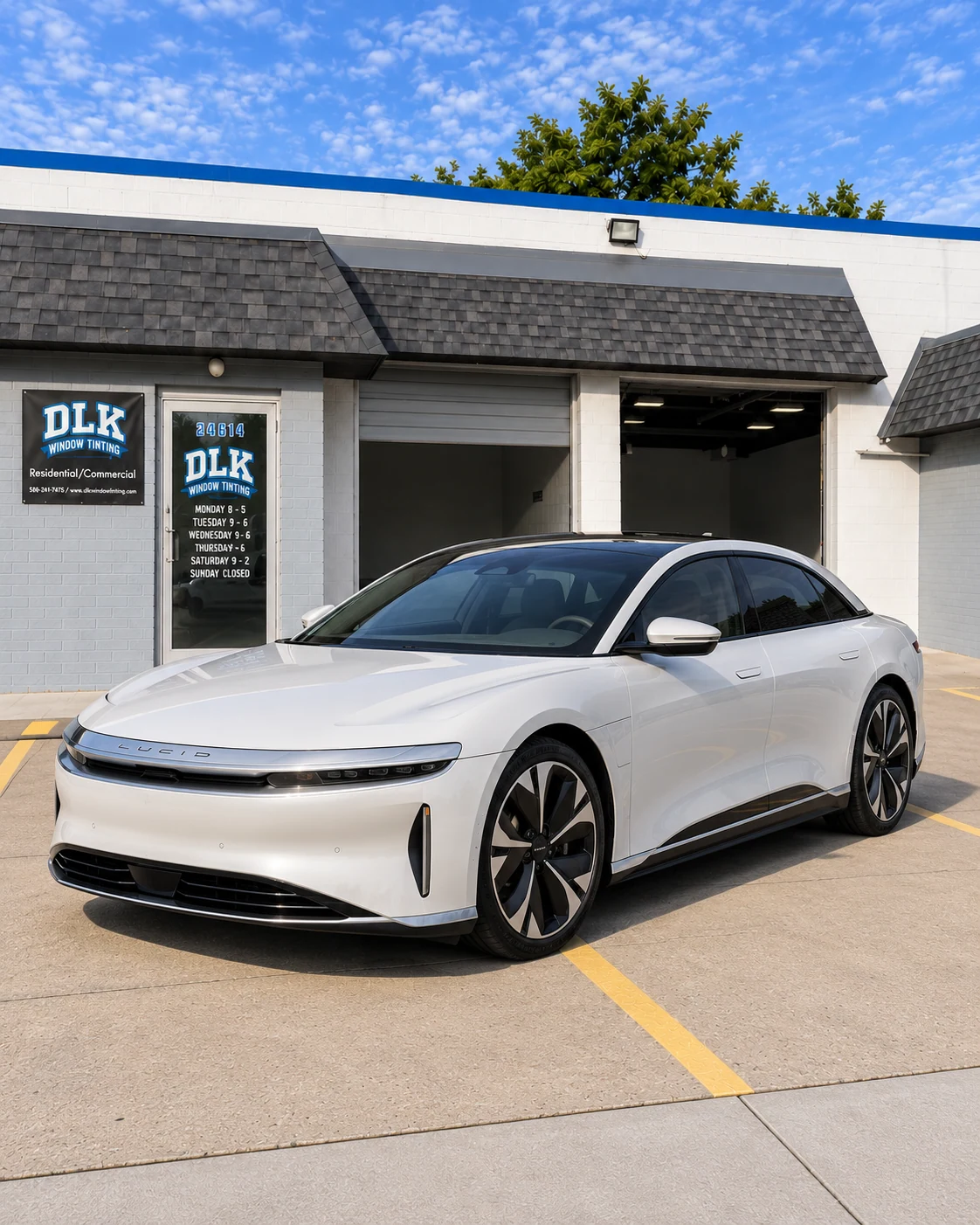 Illustration of a pearl white Lucid Air sedan with tinted windows outside DLK's Mount Clemens shop