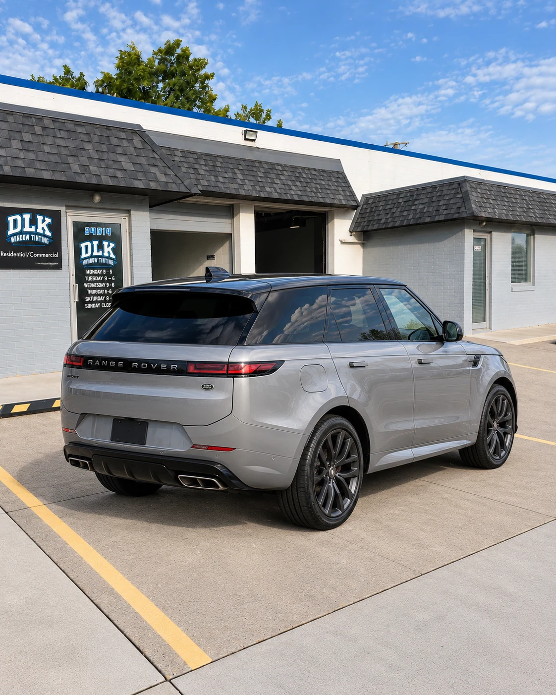Illustration of a light grey metallic Range Rover Sport L461 with tinted windows outside DLK's Mount Clemens shop