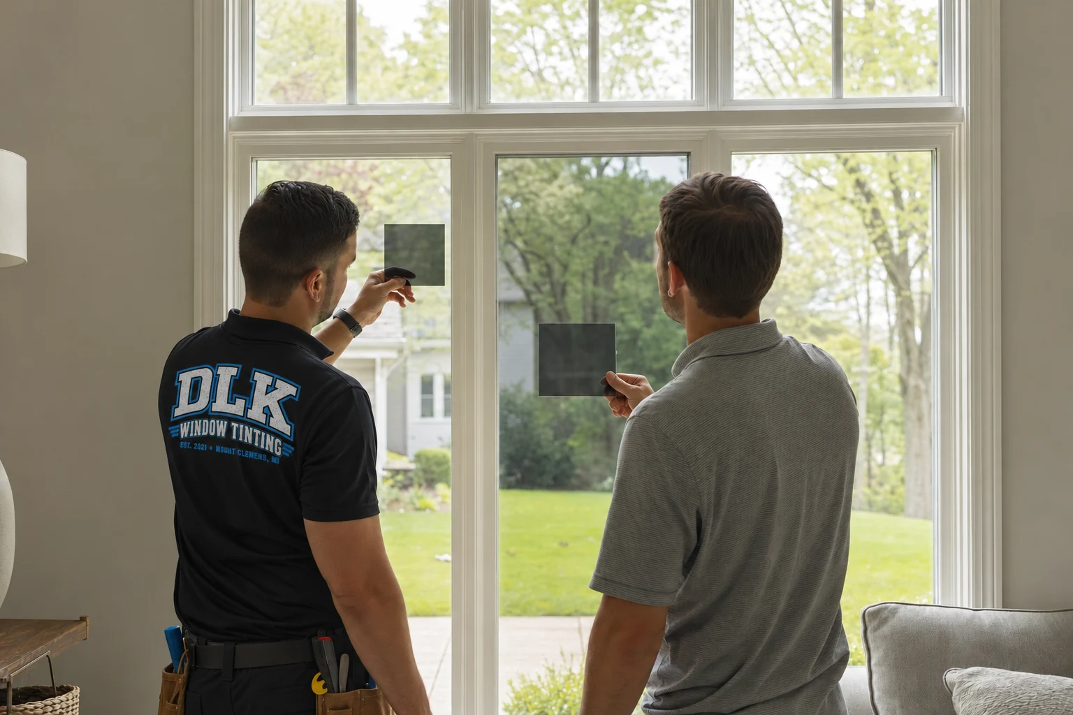 Installer wearing a DLK shirt showing film samples against a living-room window
