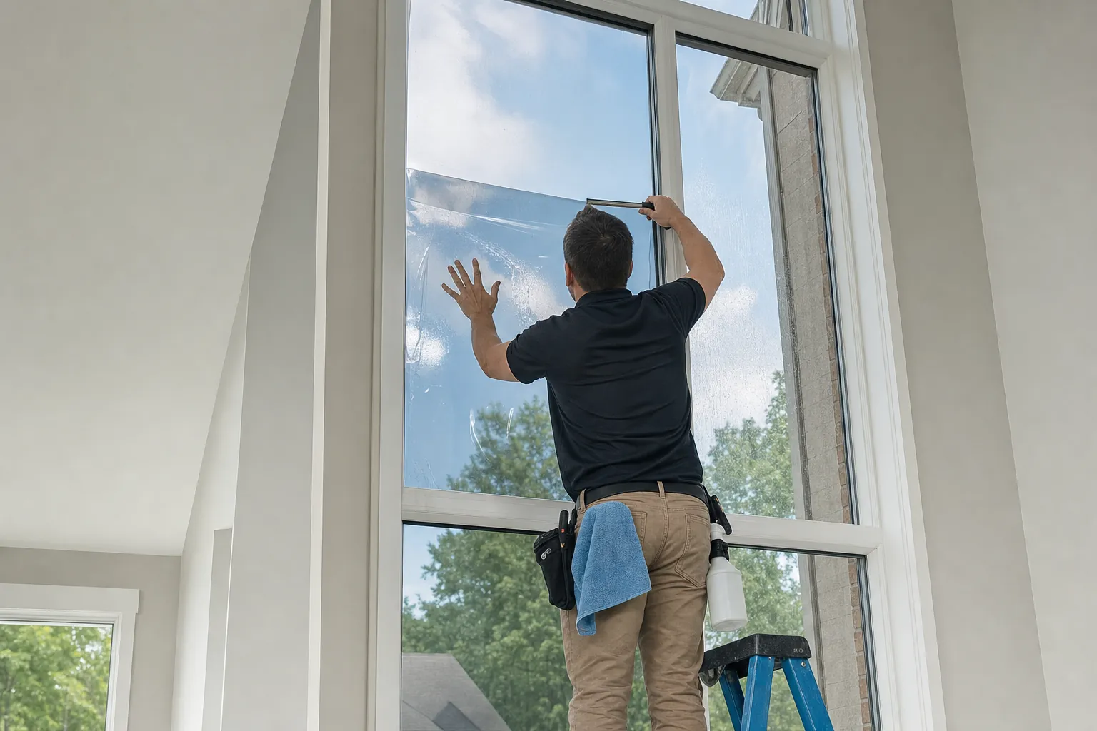 Installer fitting a large sheet of window film to a tall window
