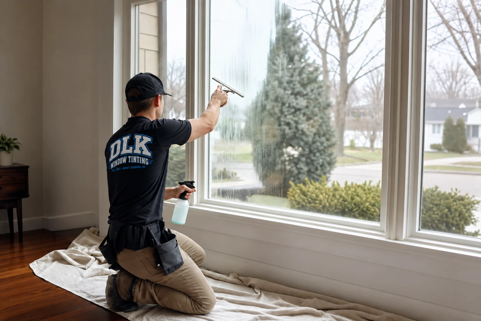 Installer wearing a DLK shirt cleaning a window with floors protected