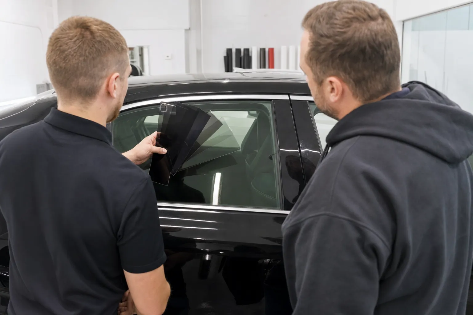 Installer holding tint shade samples against a car window for a customer