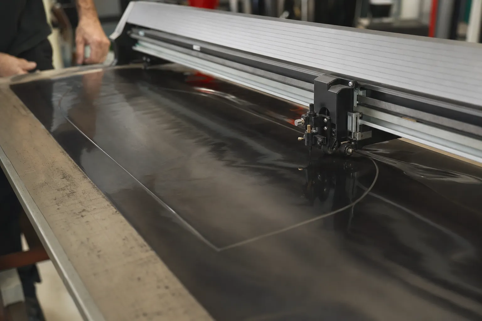 Plotter cutting a car window pattern from tint film