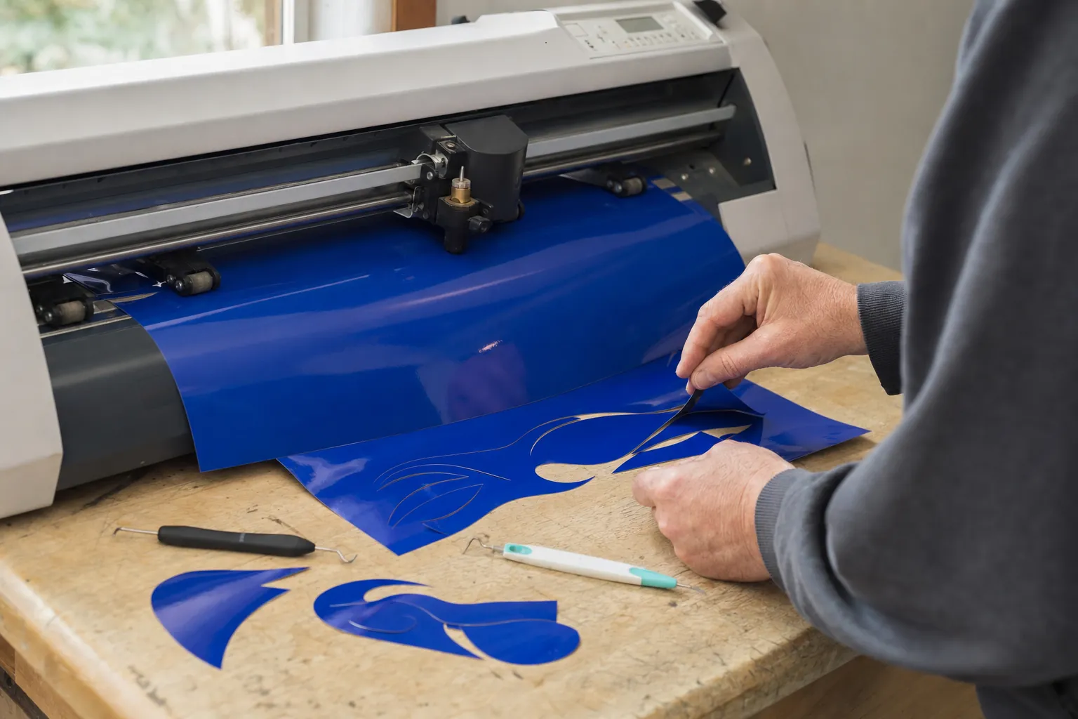 Vinyl cutter cutting blue vinyl shapes with weeding tools