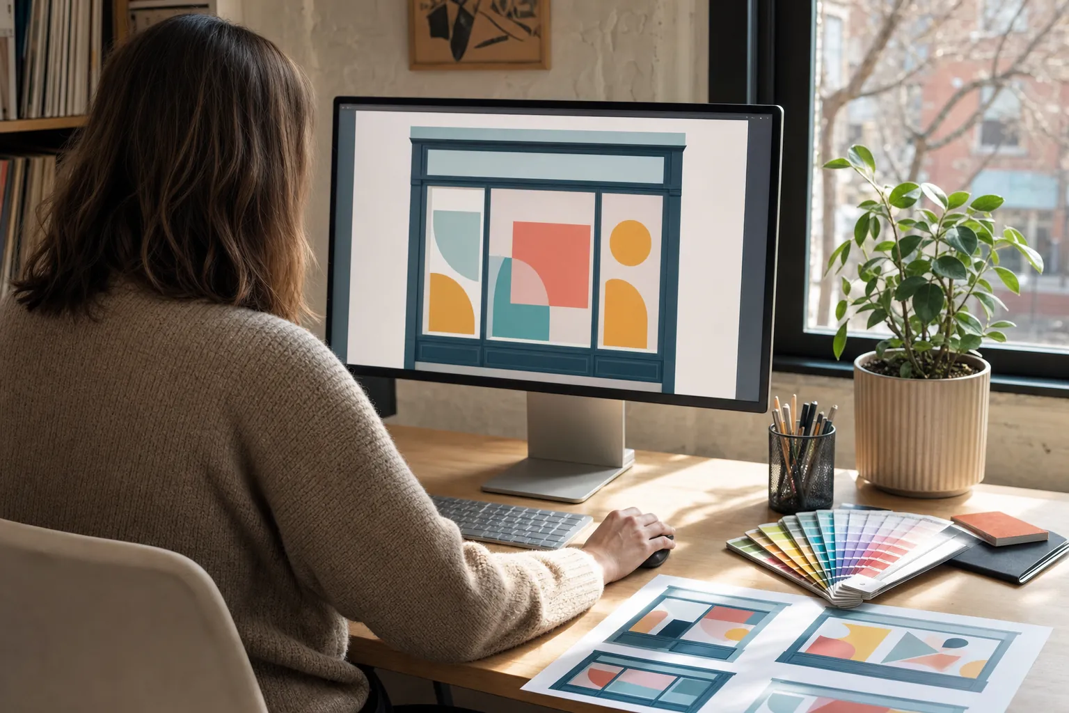 Storefront graphic layout being designed on screen with printed proofs