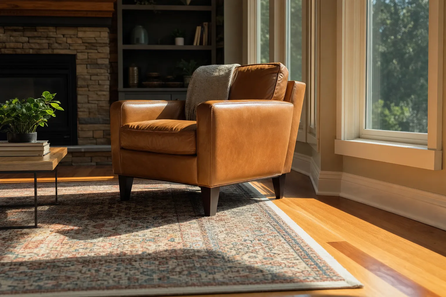 Leather chair, rug and hardwood floor in sunlight through UV-blocking film