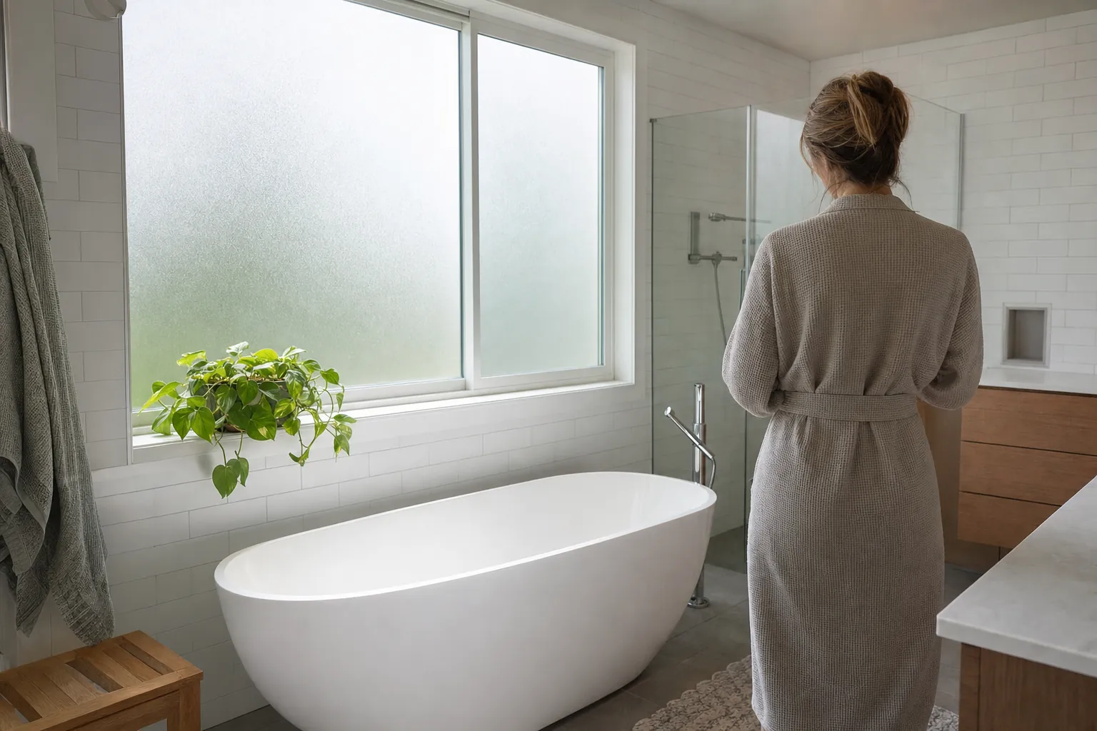 Bathroom window with frosted privacy film letting soft light in