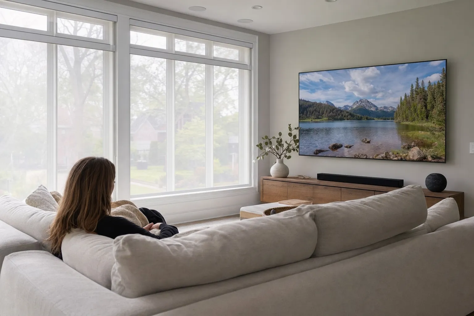 Living room television clearly visible with filmed windows behind the sofa