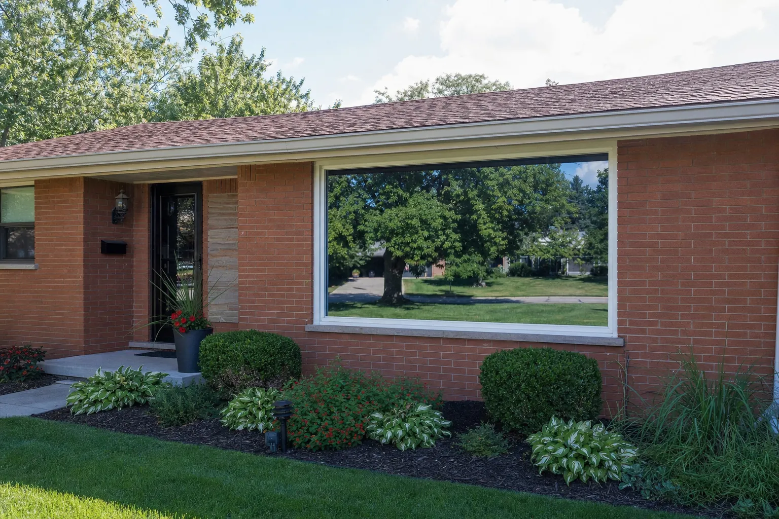 Brick ranch whose front window reflects the yard thanks to privacy film