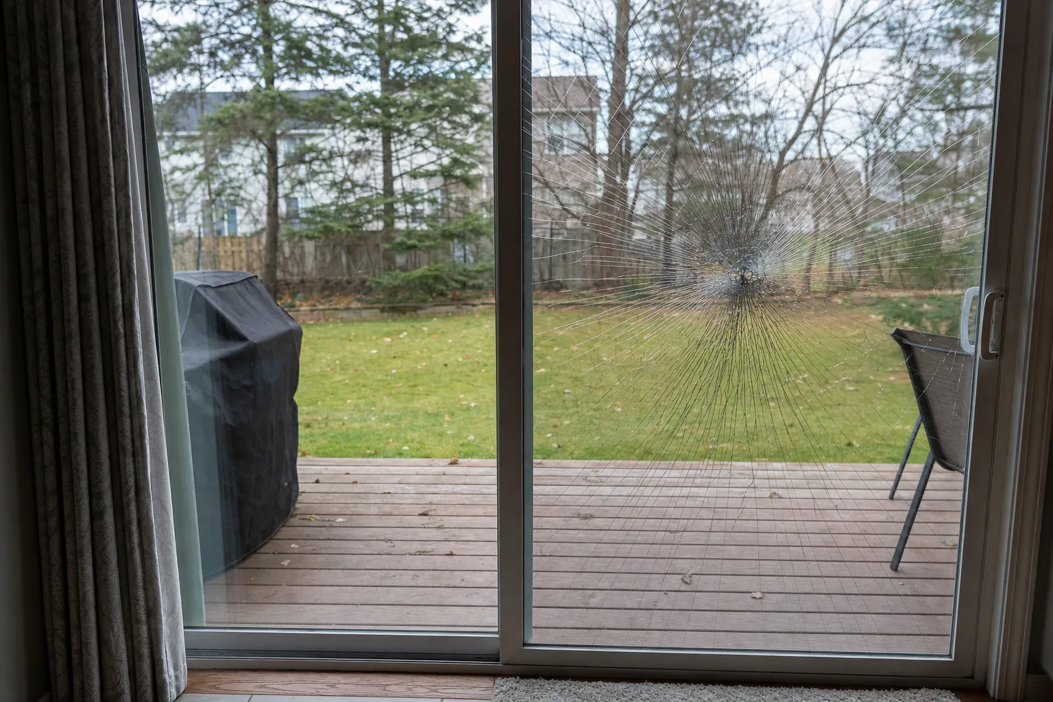 Patio door glass cracked by an impact but held in place by security film