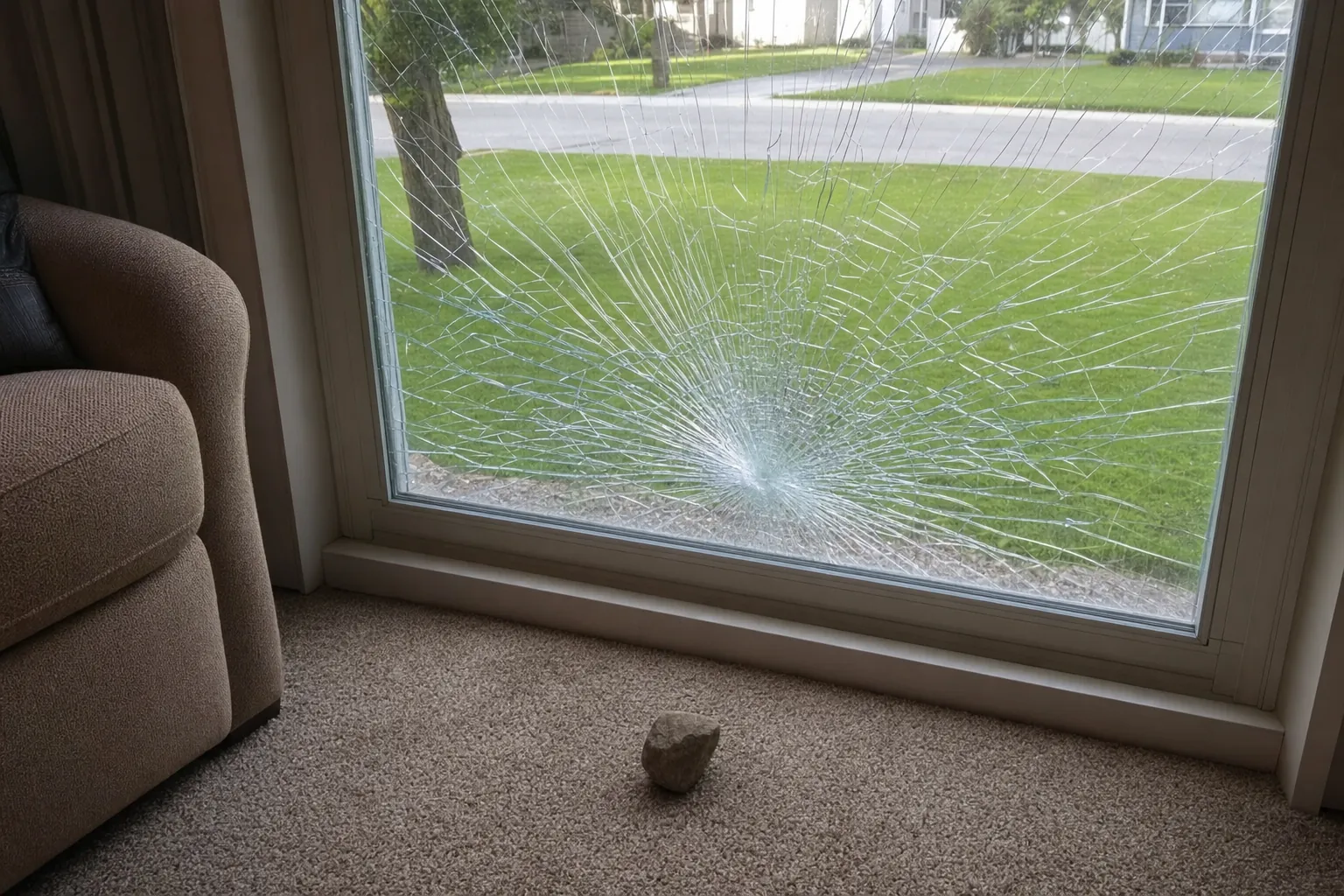 Window broken by a thrown rock, held together by security film
