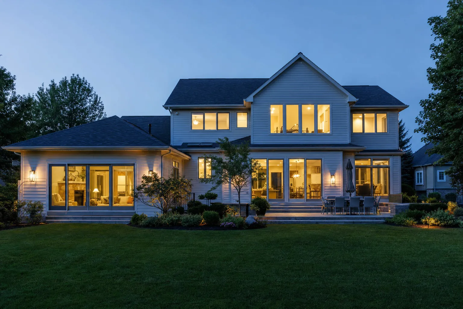 Michigan home at dusk with large glass doors and windows