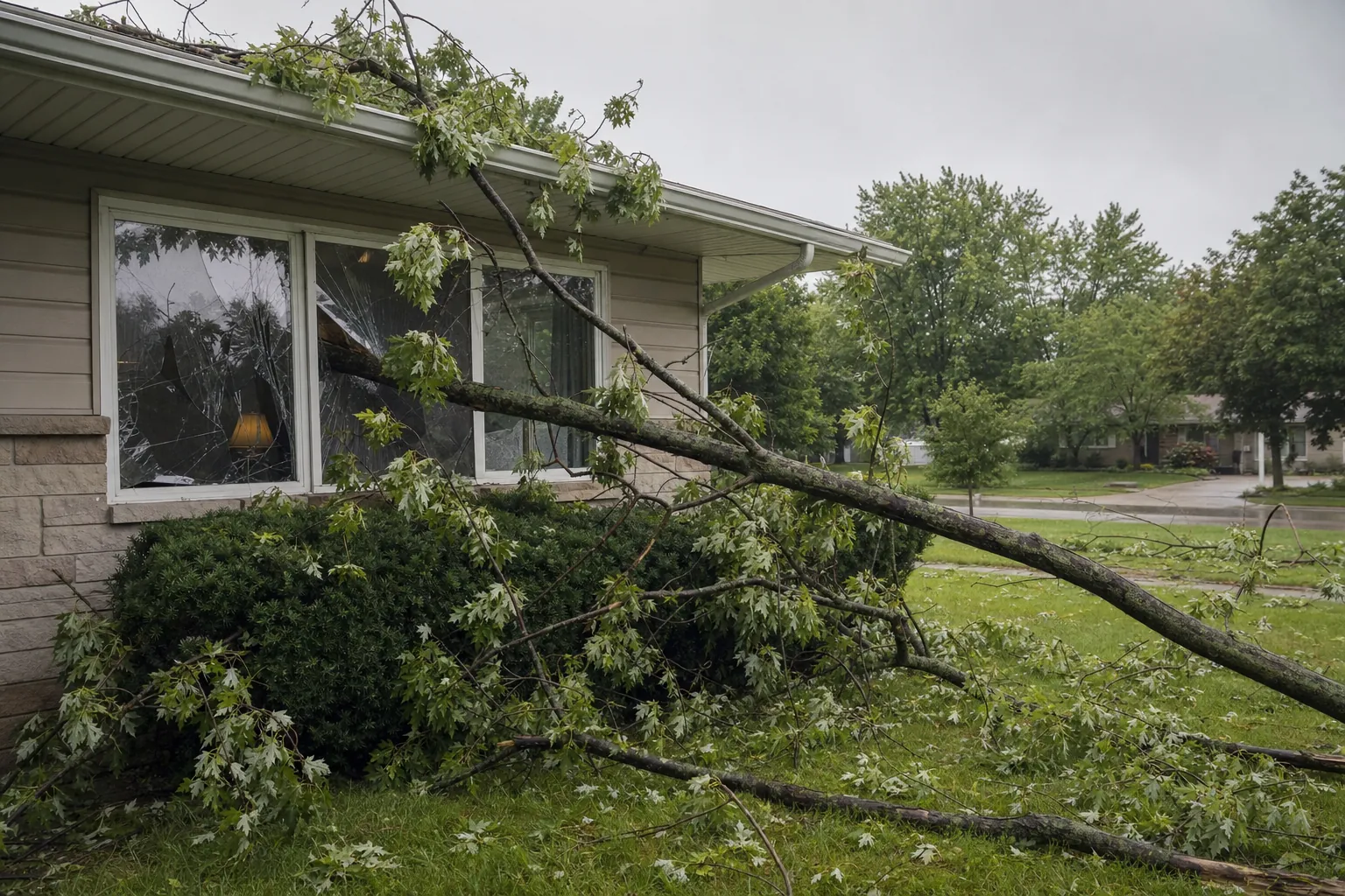 Fallen storm branch against a home window held in its frame by safety film