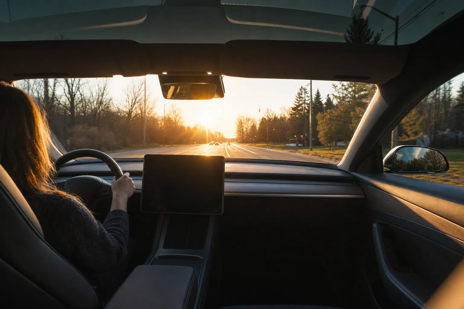 Driving into a low sun with glare softened by tinted windows