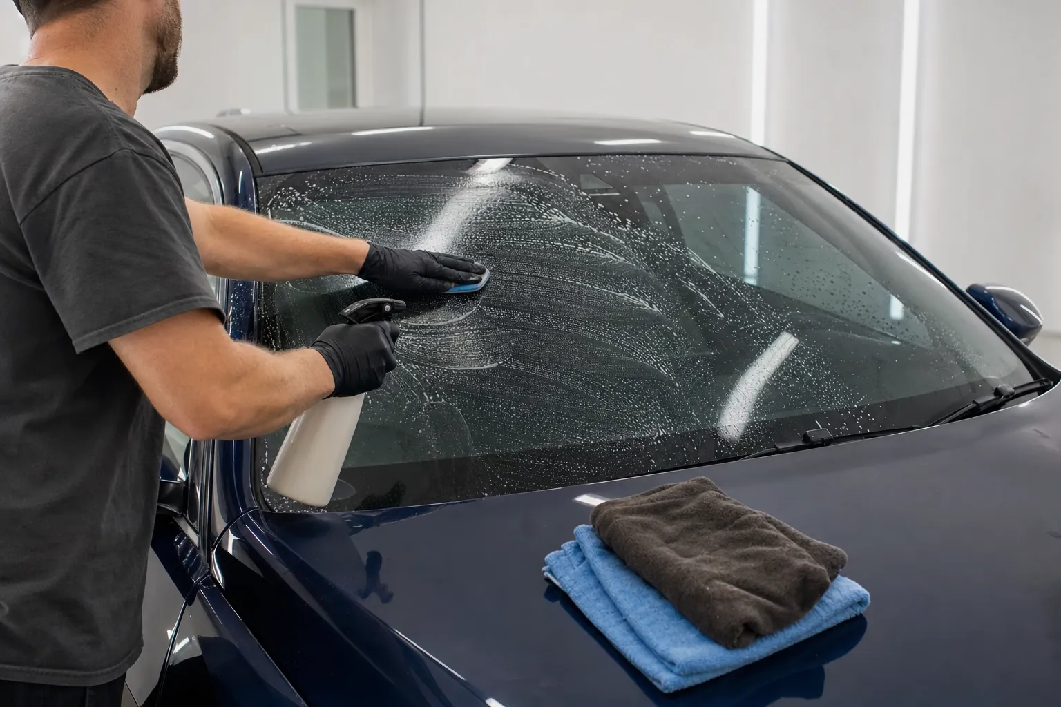 Windshield being washed and decontaminated before treatment