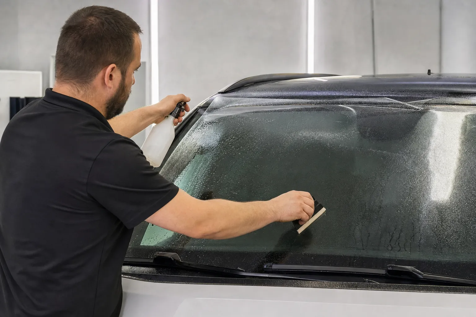Technician applying clear protection film to the outside of a windshield