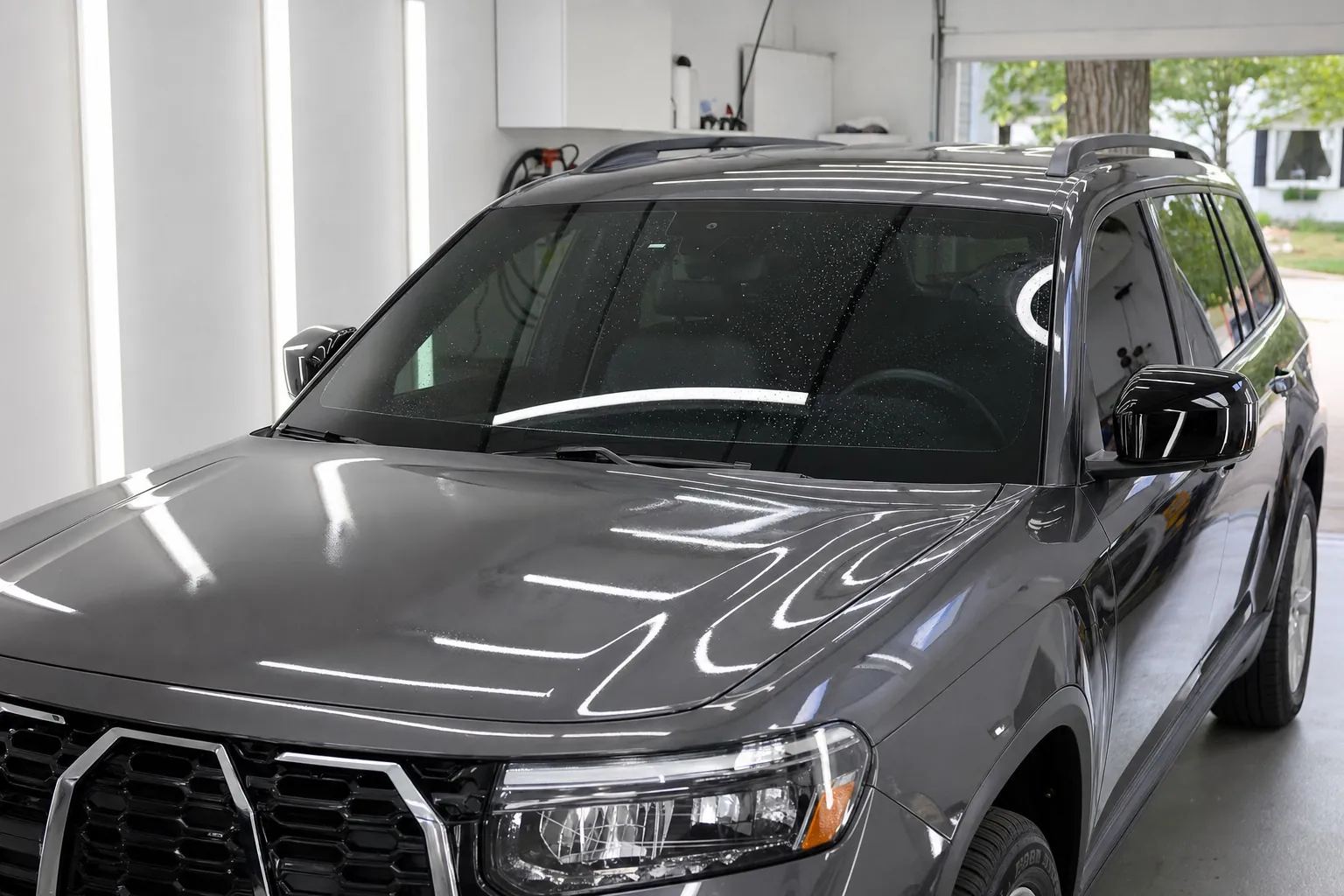 SUV in a tint shop with clear protection film on its windshield