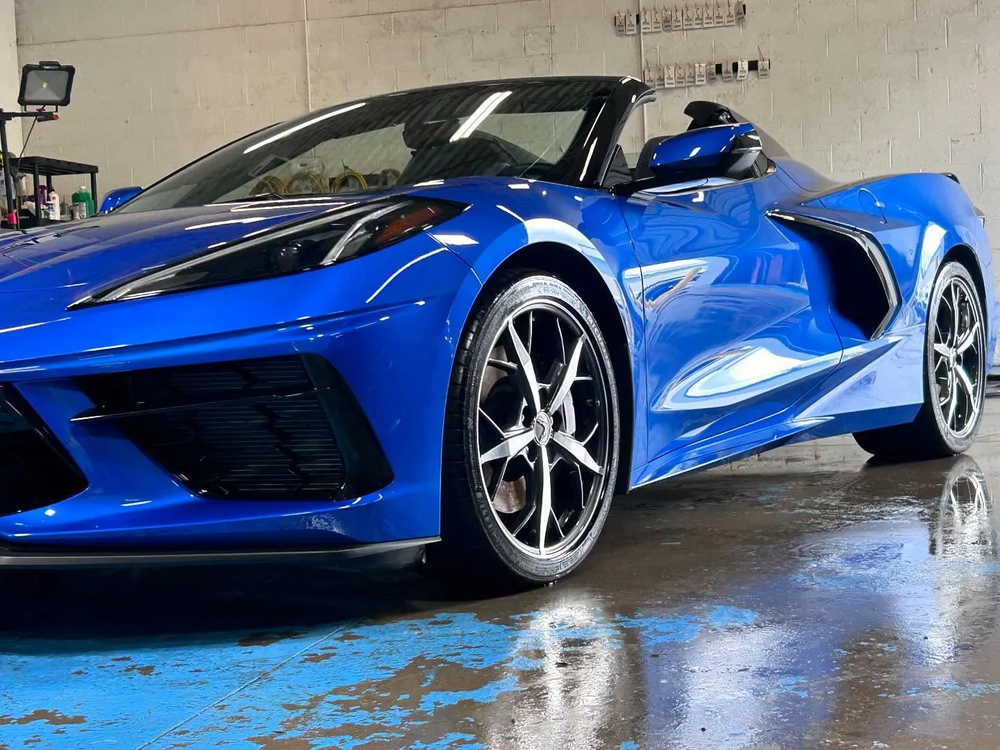 Blue Chevrolet Corvette Stingray in the DLK Window Tinting shop