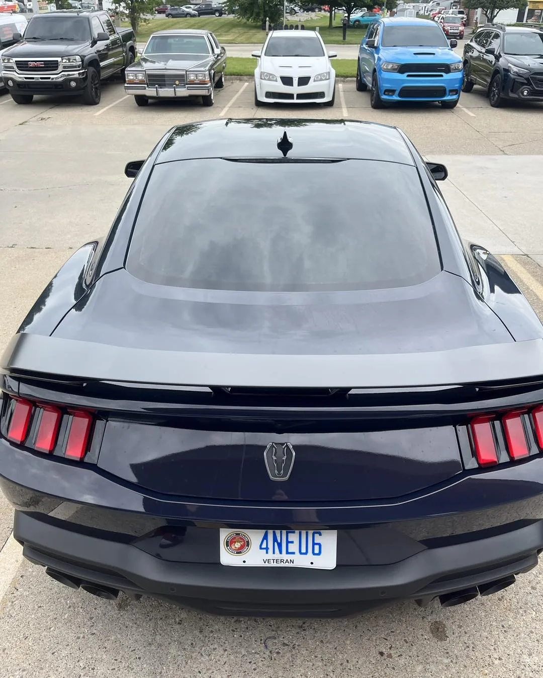 Rear of a dark blue Ford Mustang with tinted rear glass at DLK Window Tinting